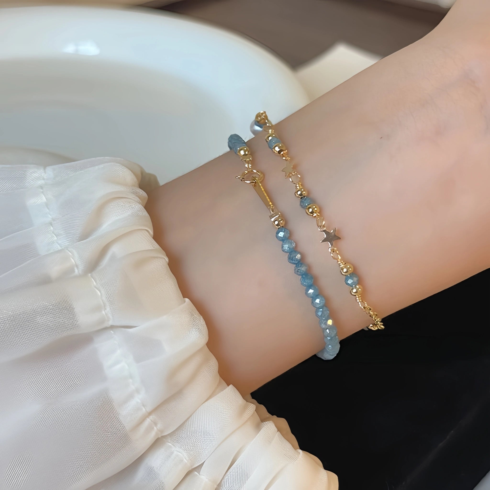 Natural Blue Apatite & Pearl Bracelet - Clear Mind & Gentle Self‑Expression