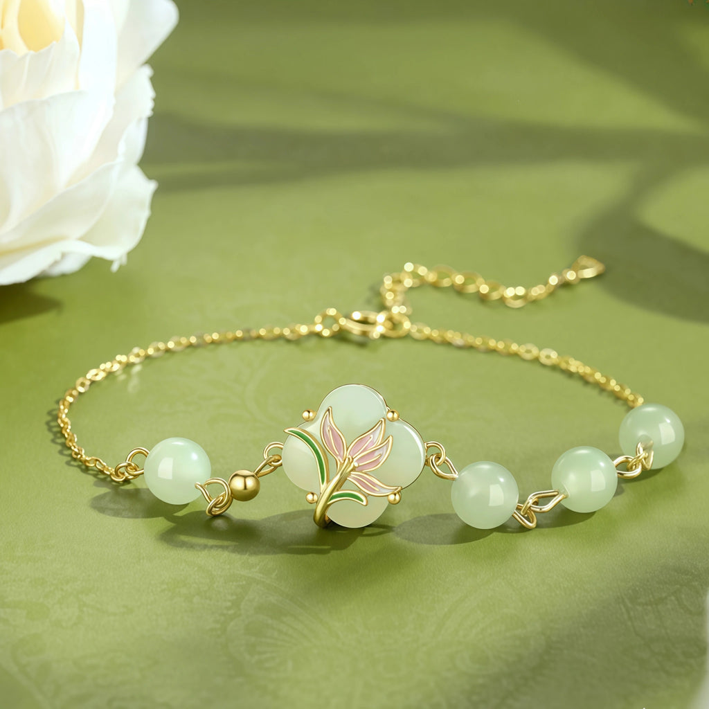 Oriental Clover‑Shaped Lotus Hetian Jade Matching Jewelry Set - Purify Mind