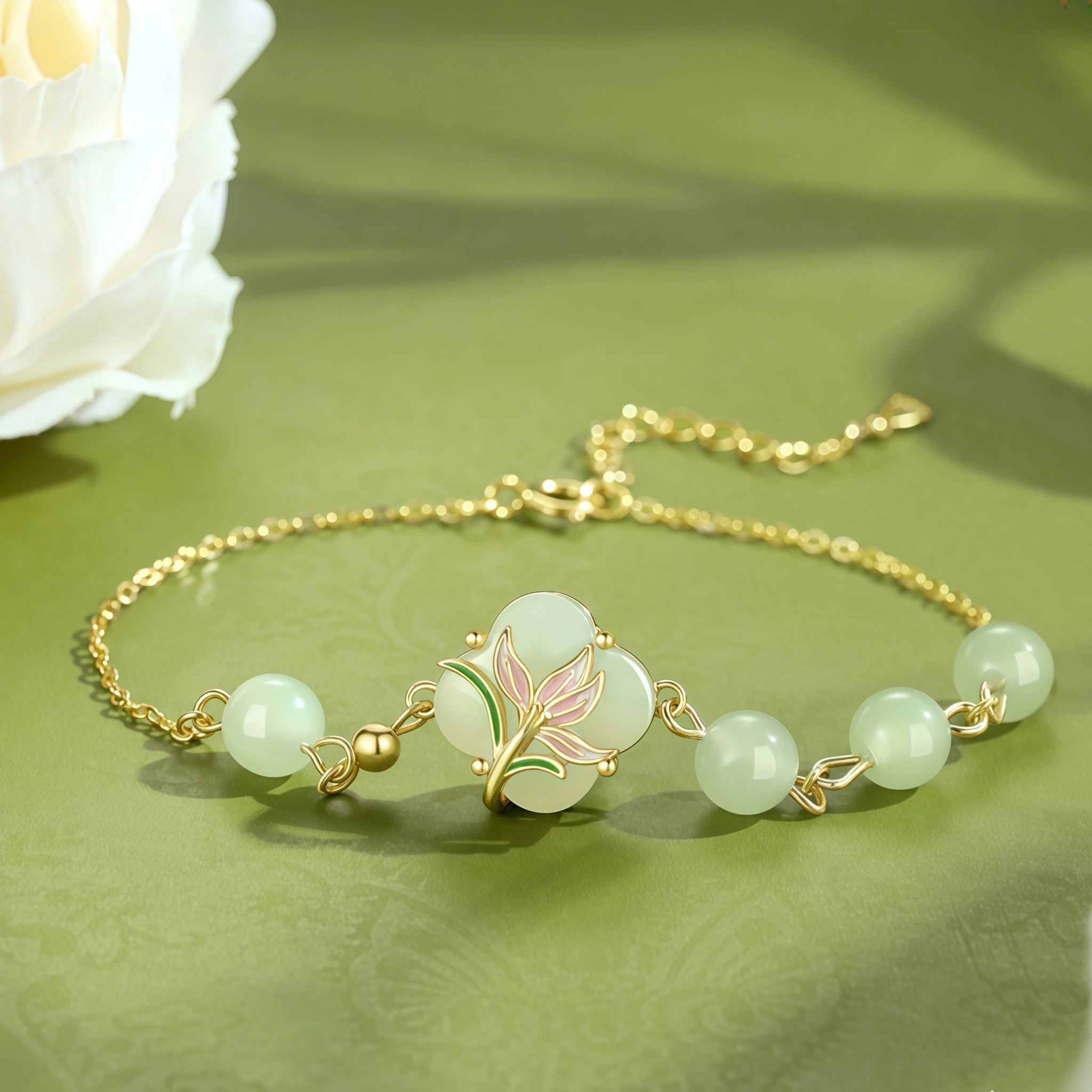 Oriental Clover‑Shaped Lotus Hetian Jade Matching Jewelry Set - Purify Mind