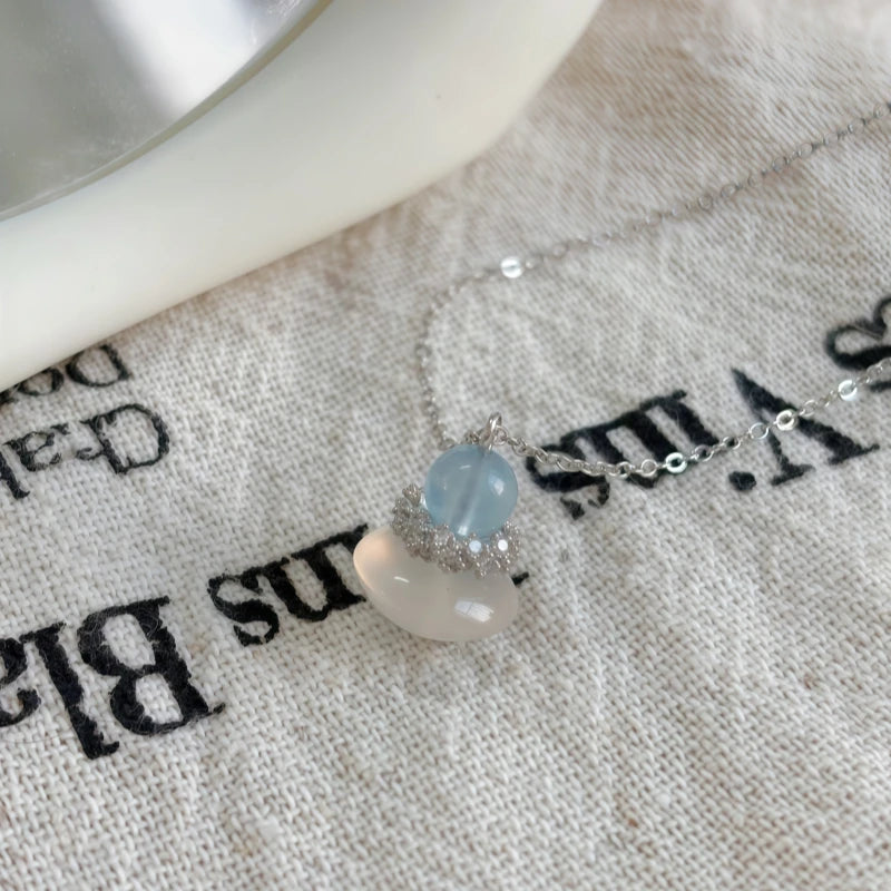 Natural Aquamarine & Agate Necklace - Balances Water Element, Improves Communication, Calms Mood