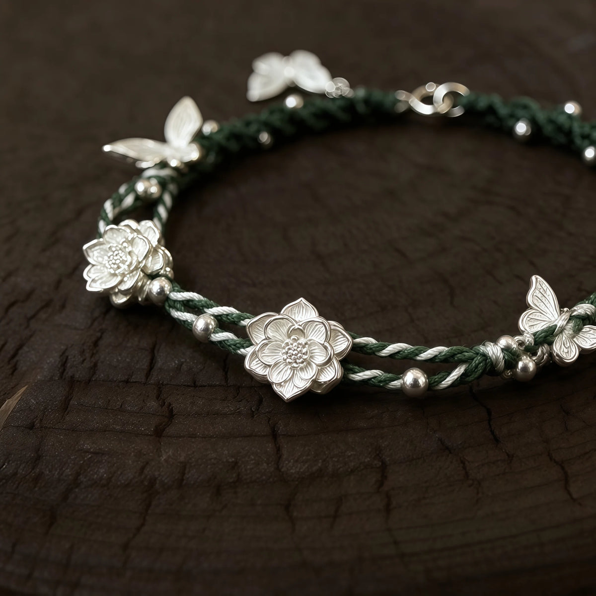 Hand Braided Silver Lotus Butterfly Bracelet - Purity & Freedom