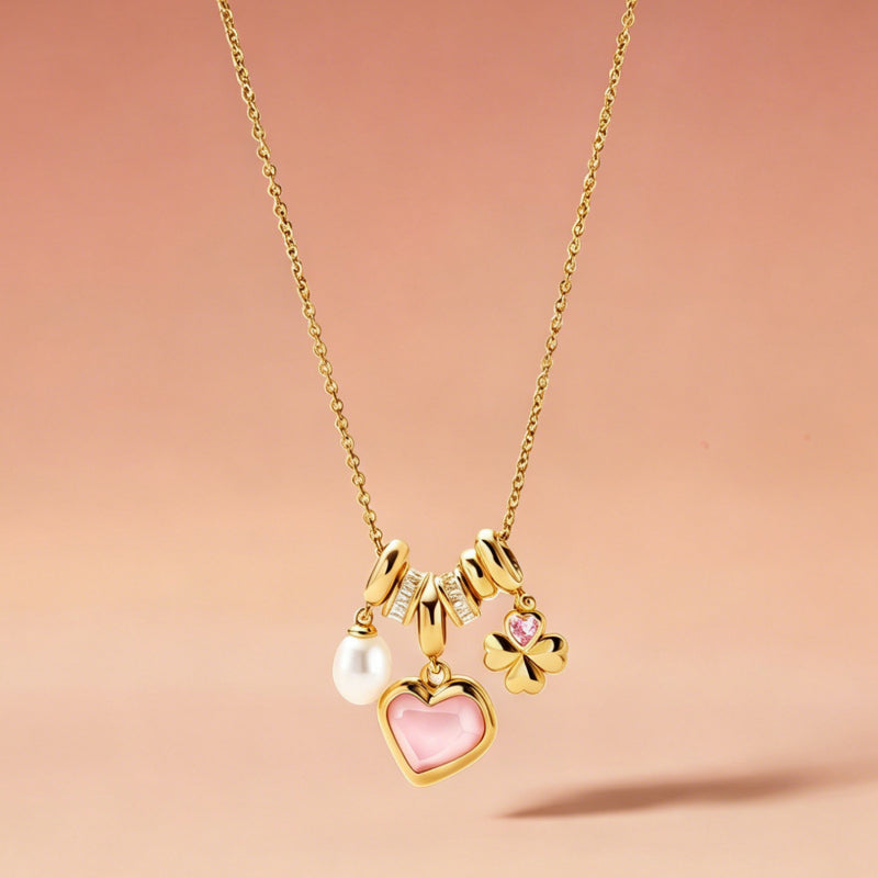 Pink Shell Heart & Pearl Necklace - Attract Gentle Luck
