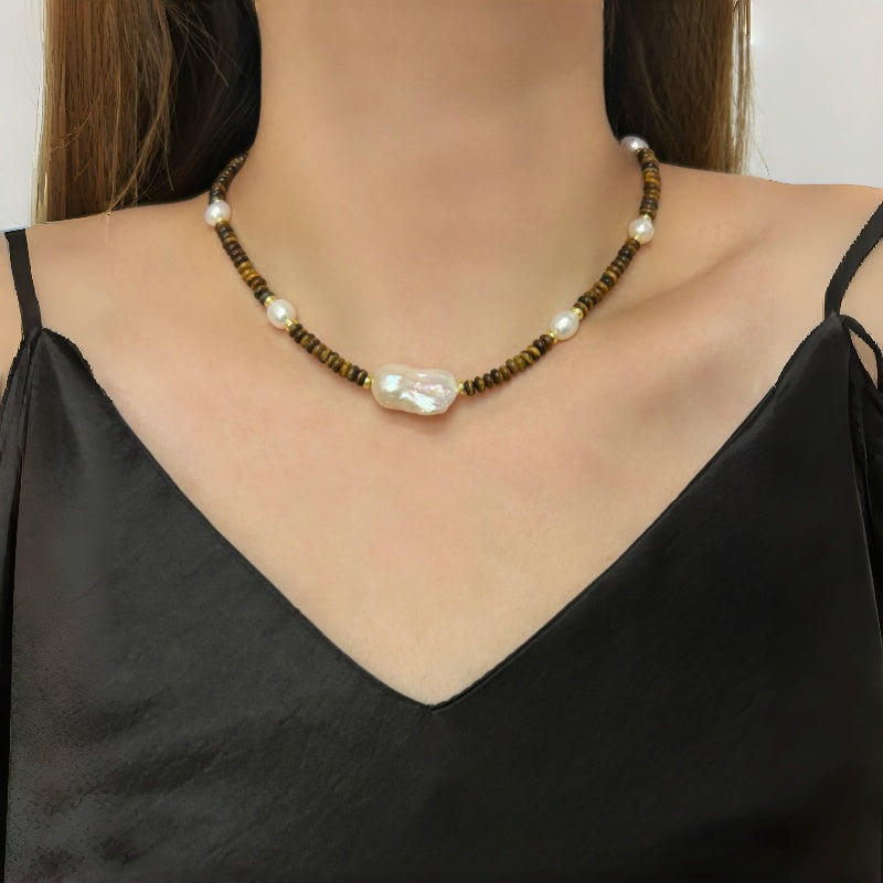 Collier Perles Baroques Irrégulières et Œil de Tigre Naturel — Bon Cadeau pour Maman