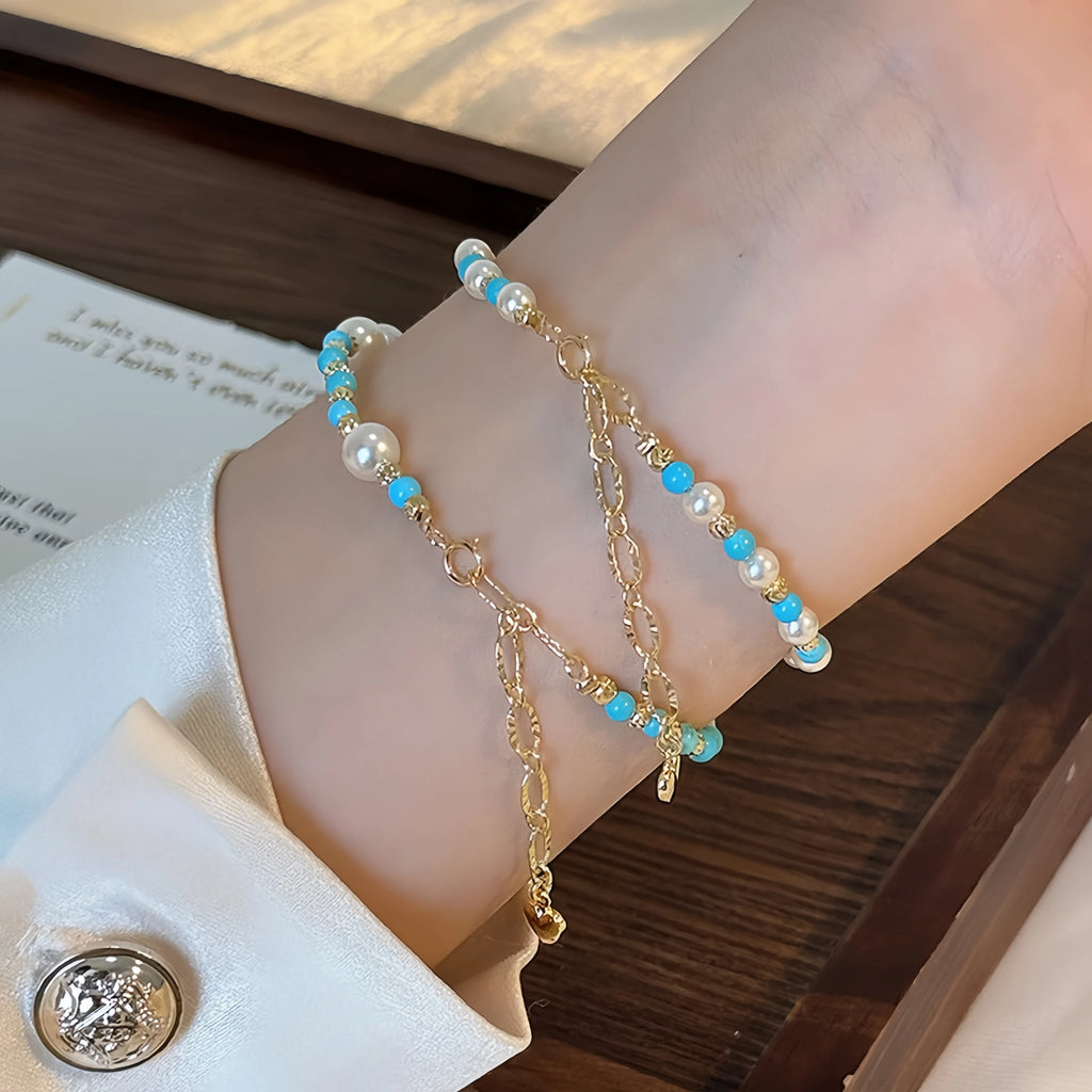 Natural Turquoise & Pearl Stackable Bracelet - Ease Stress & Vintage Elegant Vibe