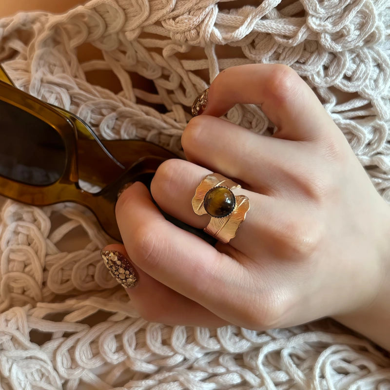 Natural Tiger Eye Stone Ring, Retro French Feather Antique Style Ring