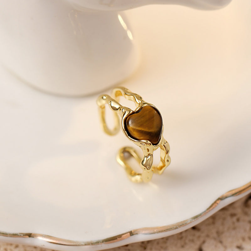 Bague Cœur Œil de Tigre - Apaise l'Esprit et Repousse les Perturbations Extérieures