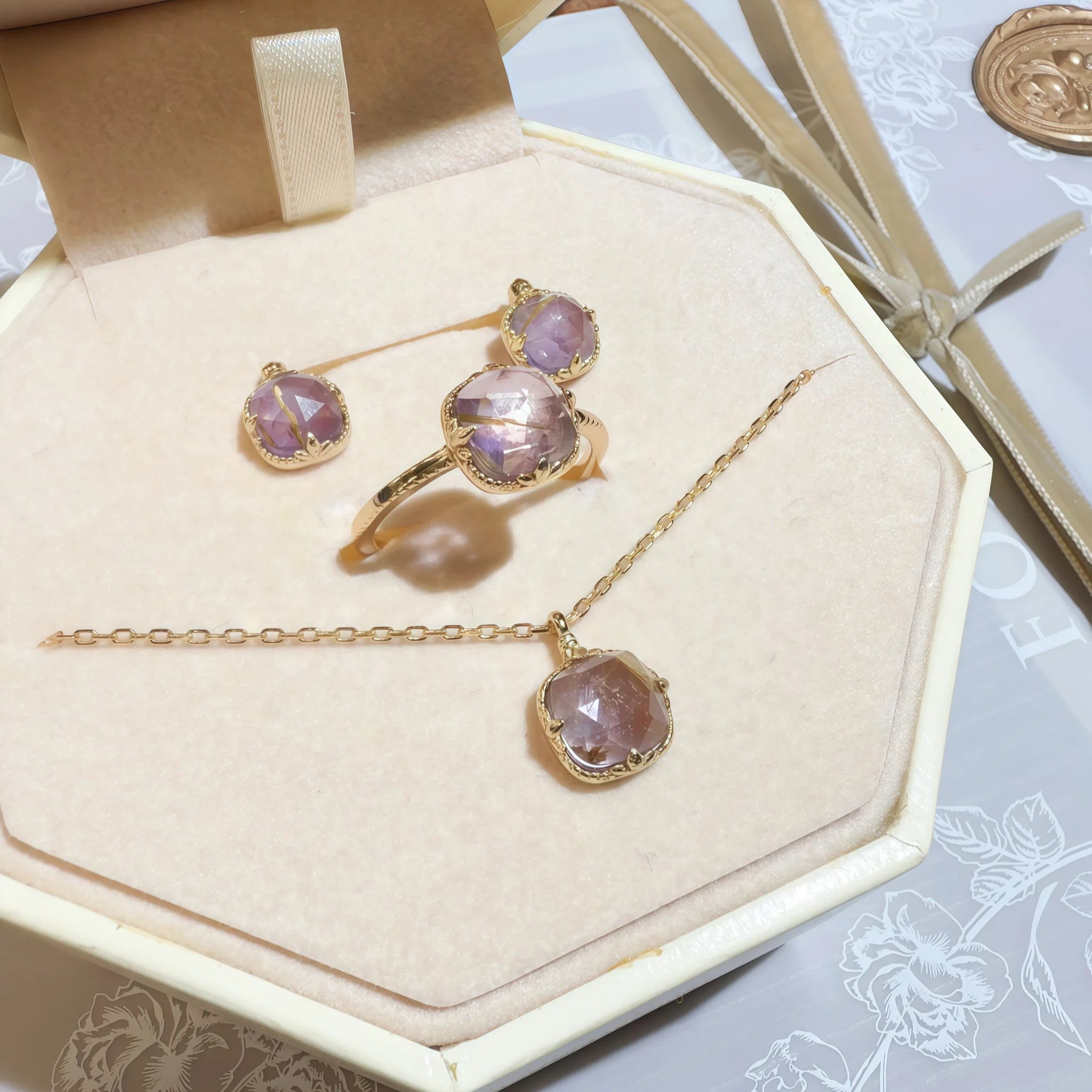 Faceted Square Rutilated Quartz & Amethyst Rose Gold Gift Box Set - Strengthen Personal Aura