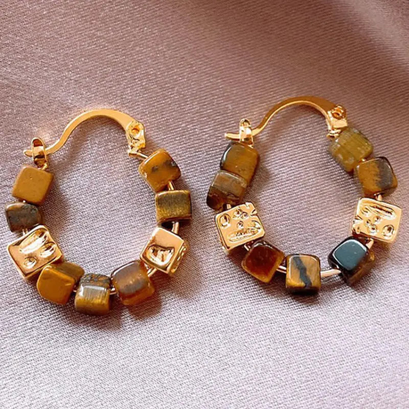 Boucles d'oreilles Œil de tigre naturel, perles carrées Maillard, boucle Resolve - Attire la richesse