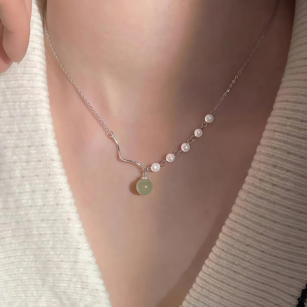Asymmetrical Chain Hetian Jade and Pearl Necklace - Perfection & Serenity