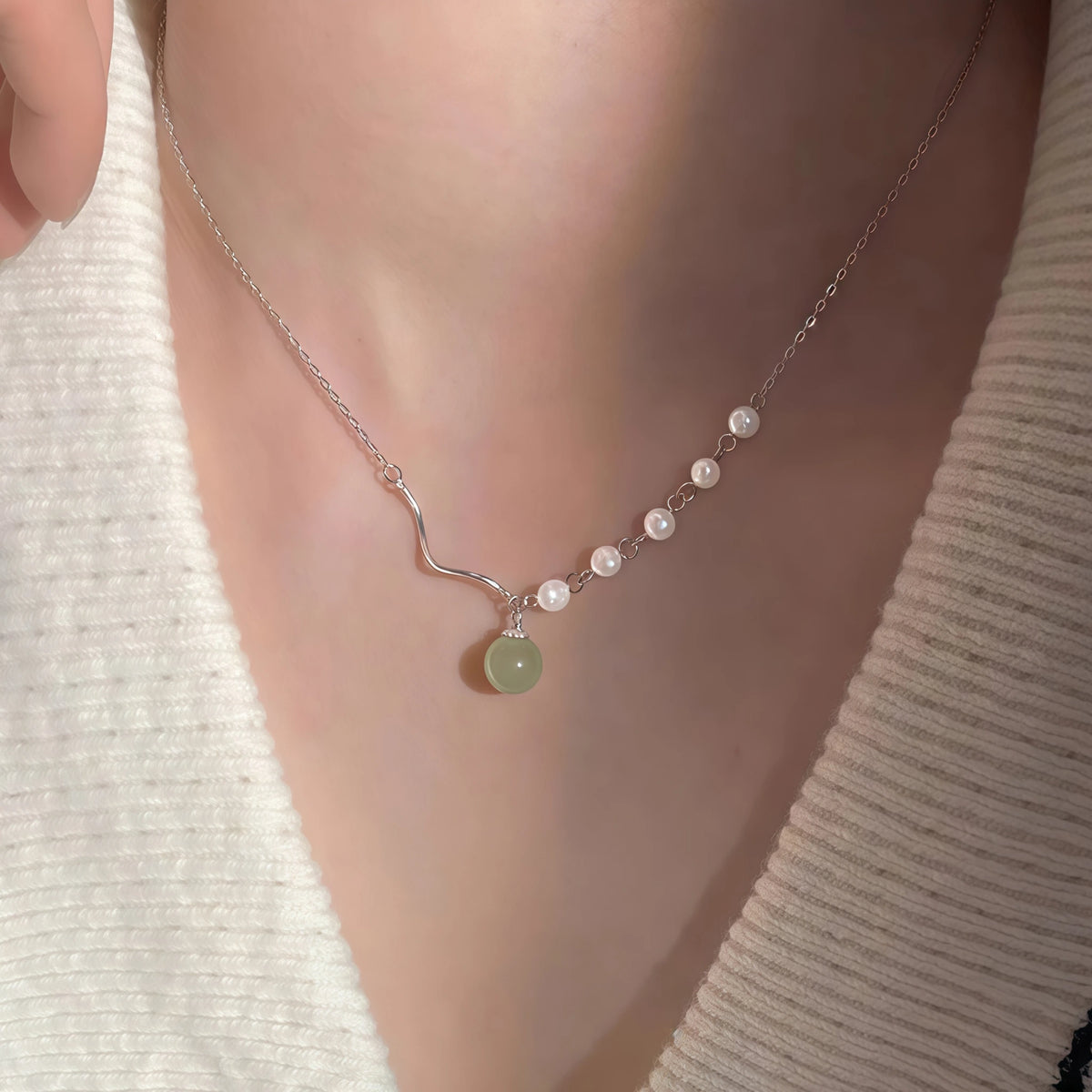 Asymmetrical Chain Hetian Jade and Pearl Necklace - Perfection & Serenity