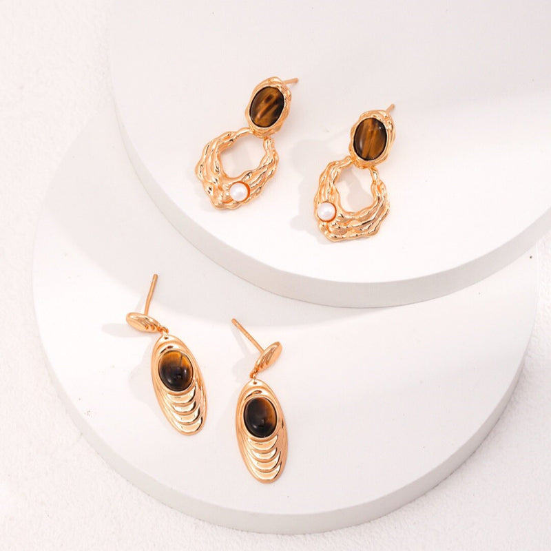 Boucles d'oreilles Oculus Layer en œil de tigre naturel — Cadeau élégant idéal pour maman