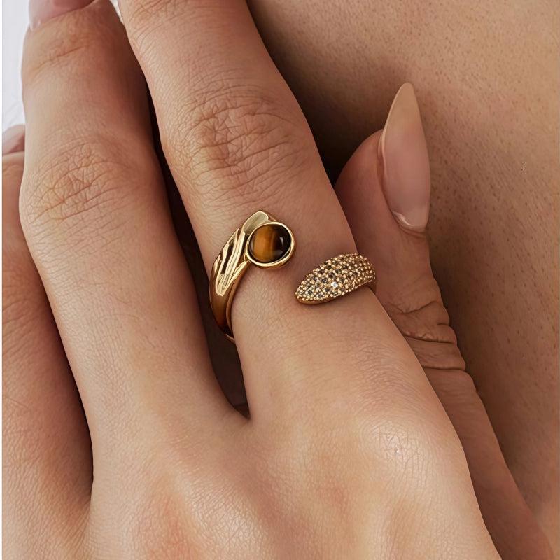 Natural Tiger Eye Ring, Light Luxury Zircon, Niche Design, Open Index Finger Ring
