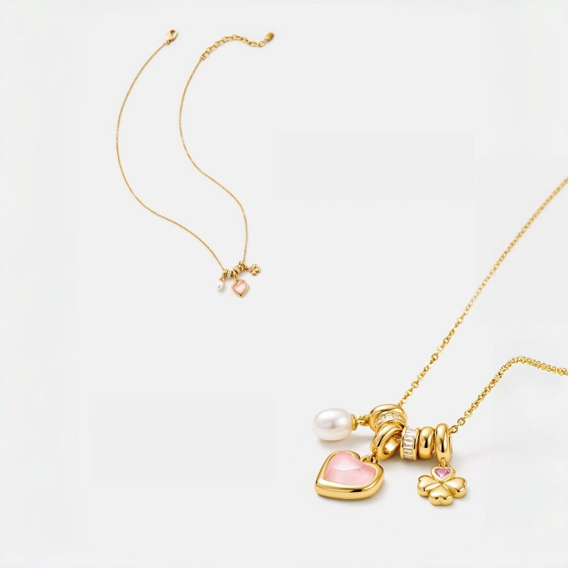 Pink Shell Heart & Pearl Necklace - Attract Gentle Luck