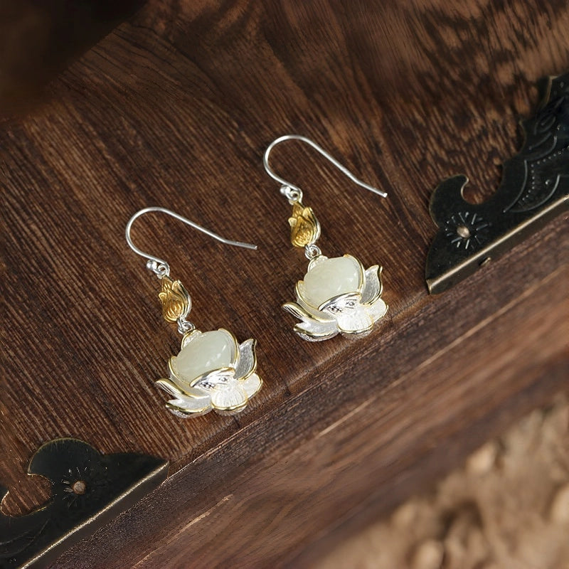 Boucles d'oreilles Lucky Lotus Pod en jade Hetian – Bijoux ethniques orientaux
