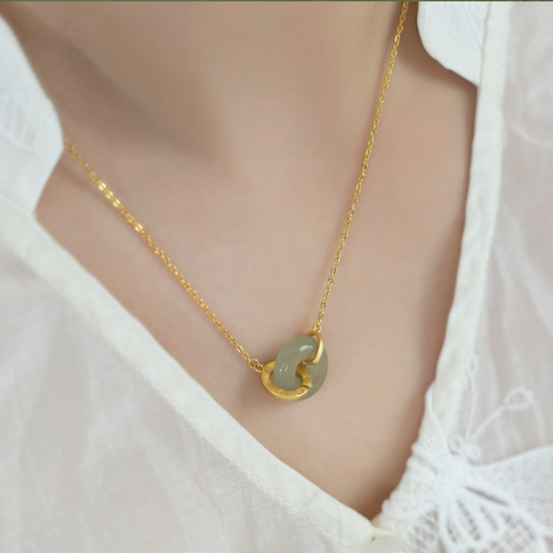 Interlocking Jade Ping An Lock Necklace, Oriental Peace Symbol Jewelry