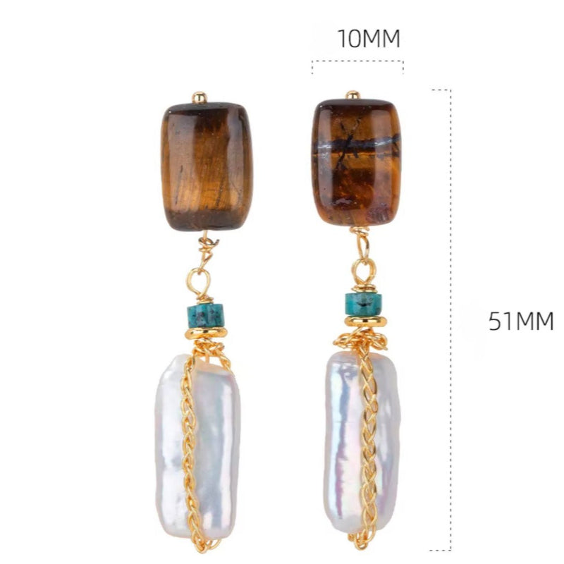 Boucles d'oreilles perles baroques et œil de tigre naturel — Style unique, luxe léger et qualité supérieure