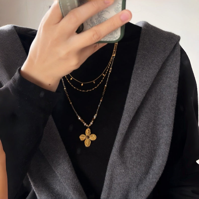 Natural Tiger Eye Stone Necklace, Lucky Four-Leaf Clover Long Sweater