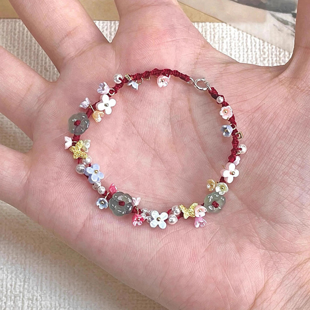Red Flower & Butterfly Braided Bracelet - For Sweet Daily Style