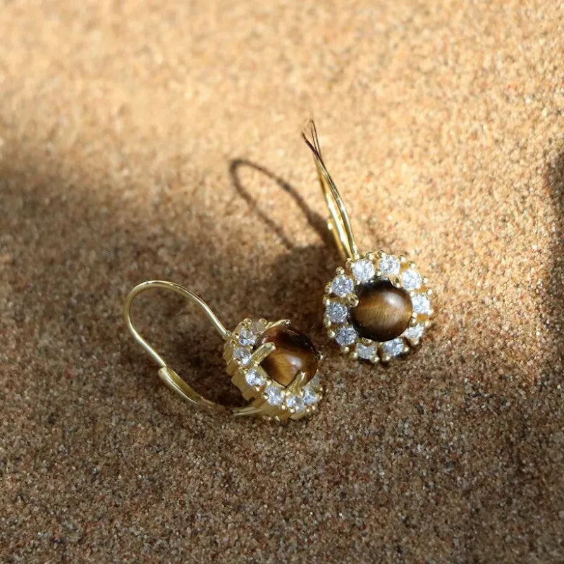 Boucles d'oreilles Œil de tigre naturel — Fermoir d'oreille Fleur Vintage