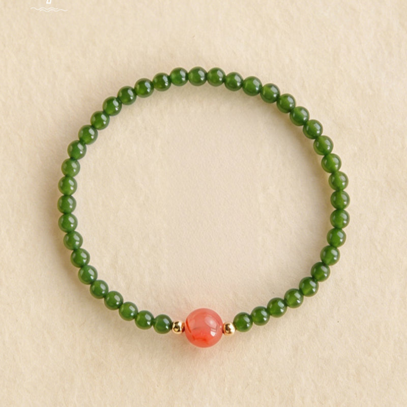 Hetian Green Jade & Ice Floating Southern Red Agate Bracelet – Soothes Emotions