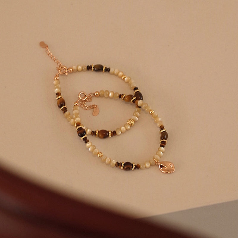 Tiger Eye & Shell Bead Bracelet for Women, Adjustable Extension Chain with Leaf Pendant