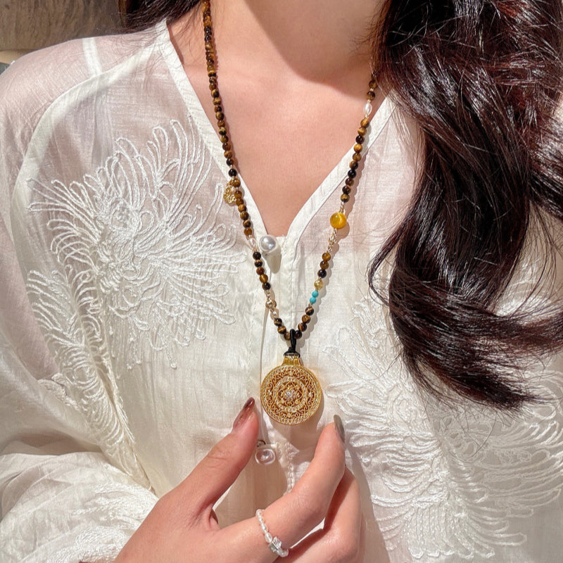 Natural Tiger Eye Stone Necklace, Compass Pendant Sweater Necklace, Gift for Mom