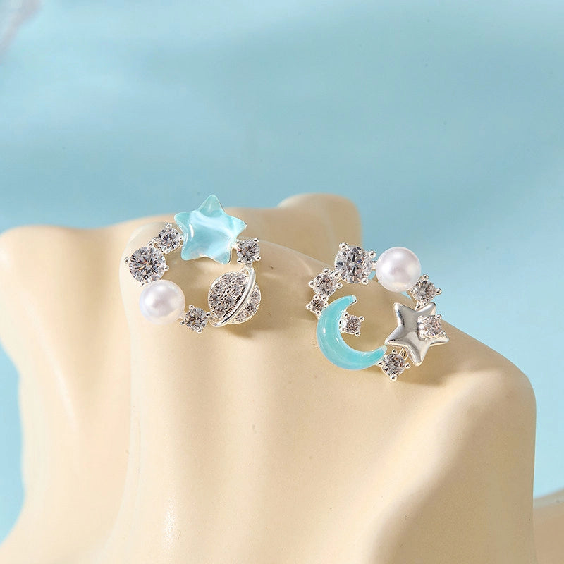 Aquamarine & Pearl Moon Star Earrings - Wish All Your Wishes Come True