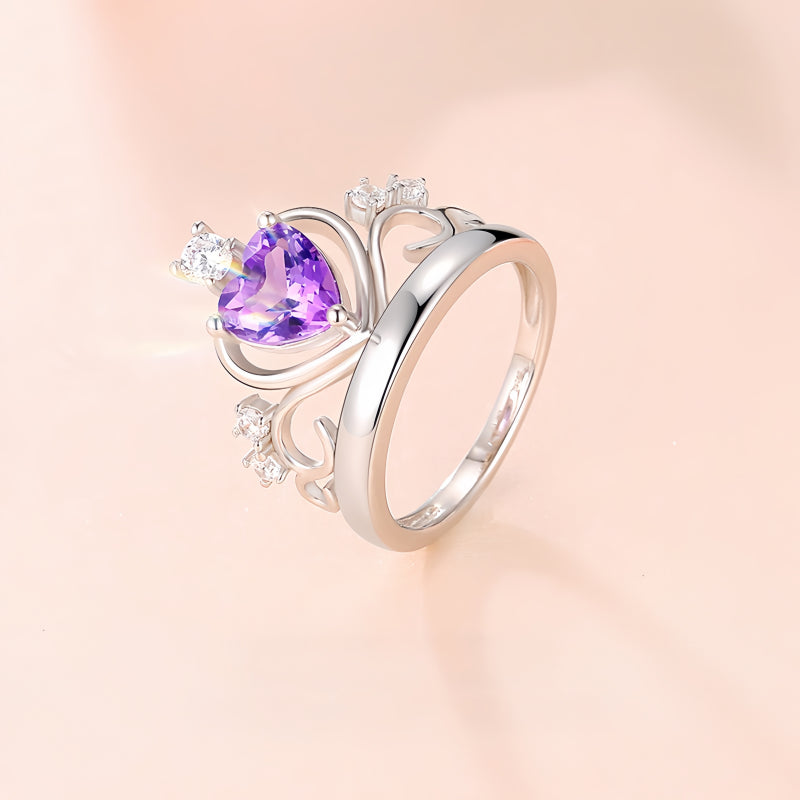 Bague Cœur Couronne Améthyste Naturelle - Laissez le Calme Attirer la Chance