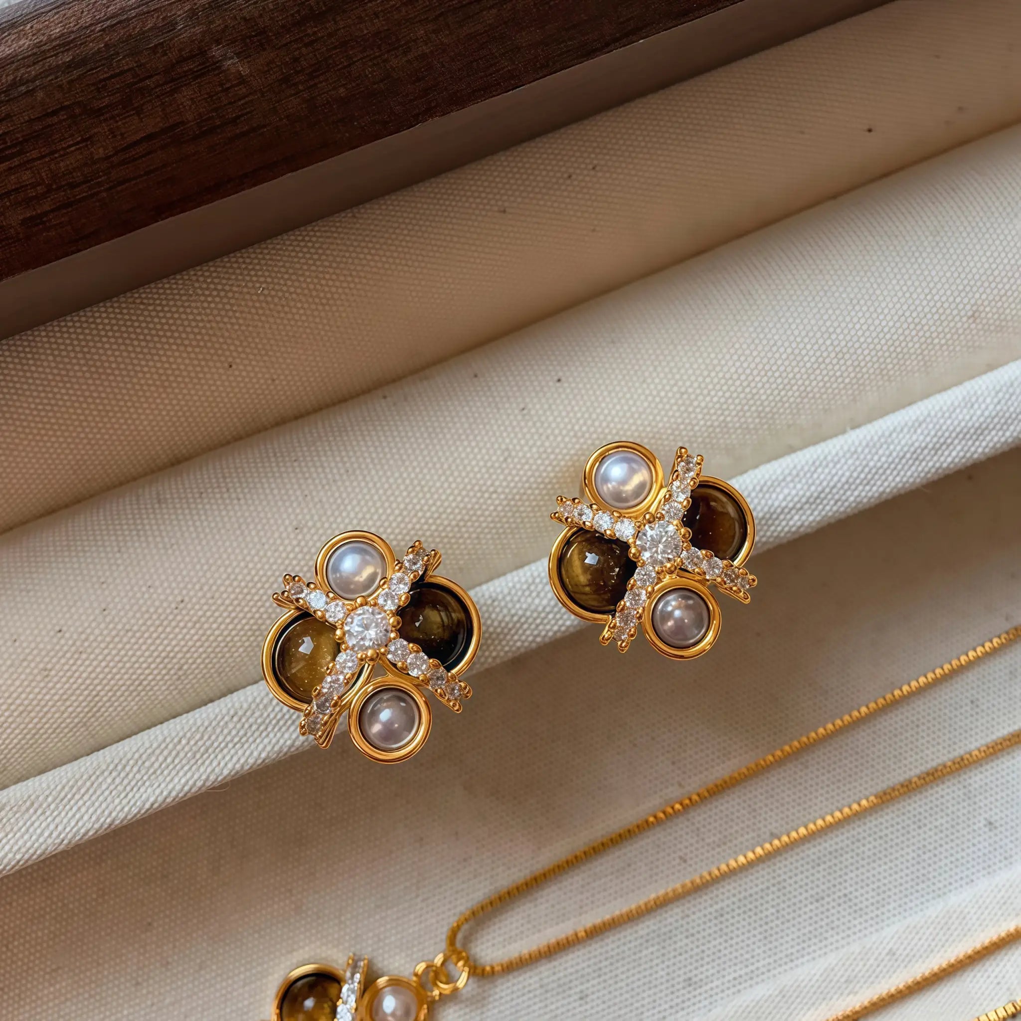 Vintage Star‑Cross Tiger's Eye Pearl Gold‑Plated Jewelry Set - Strength & Protection