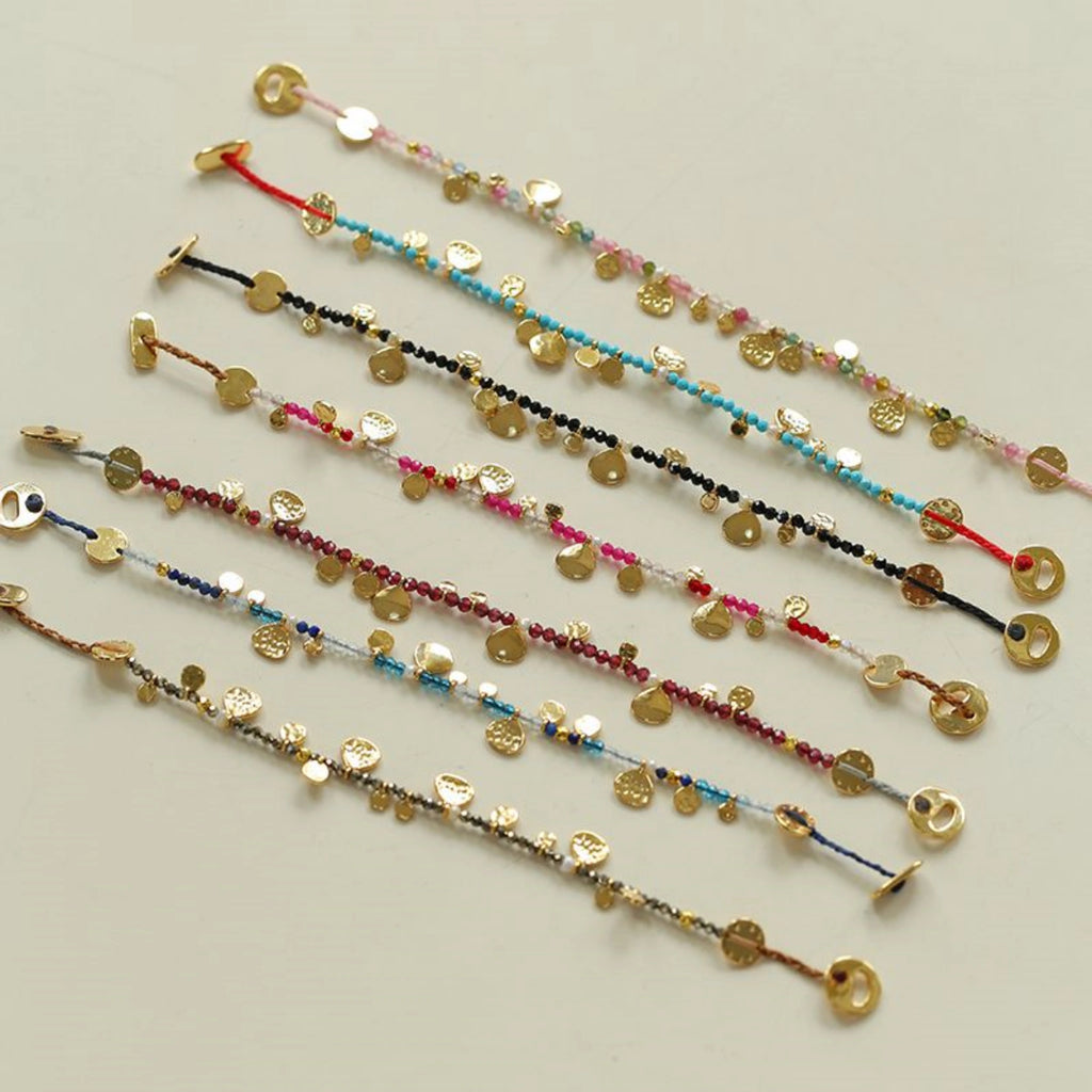 Hand‑Hammered Gold Coin Natural Stone Beaded Stack Bracelet - Healing, Inner Power