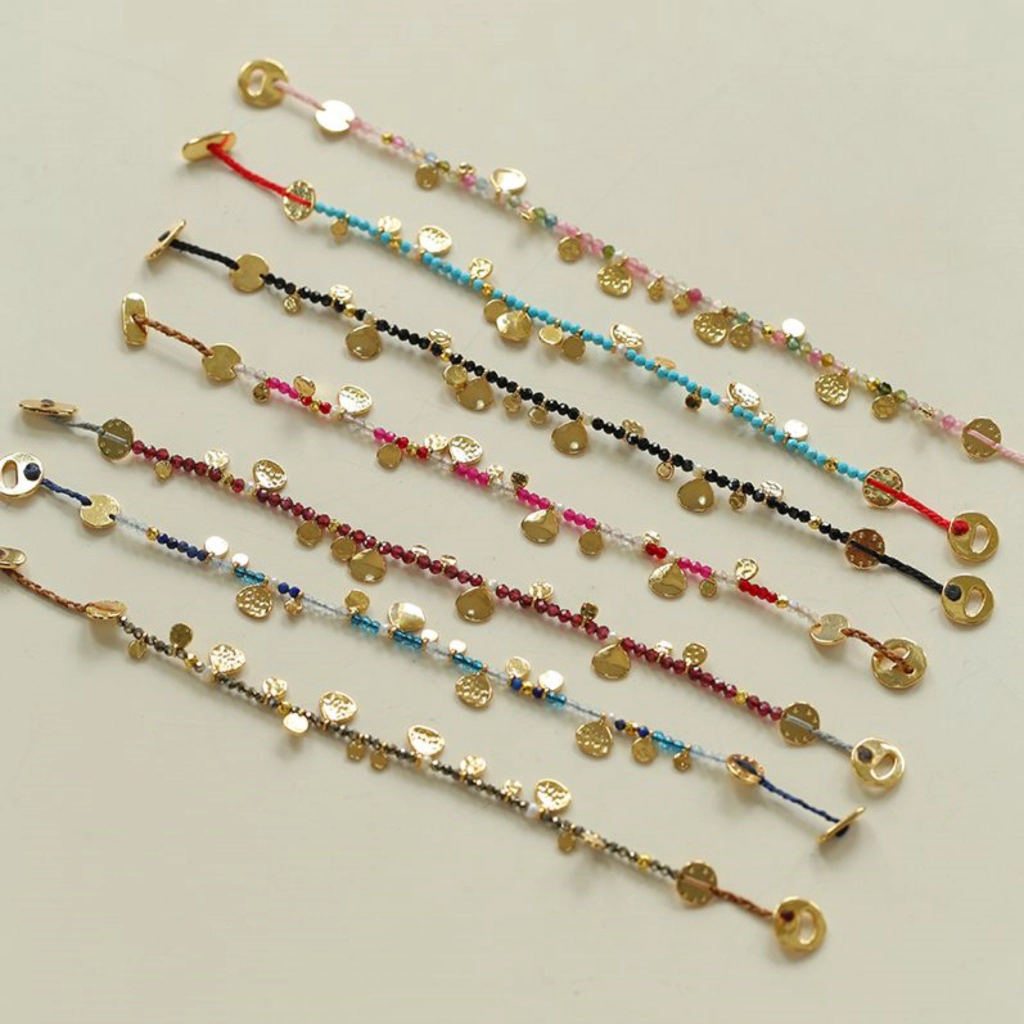 Hand‑Hammered Gold Coin Natural Stone Beaded Stack Bracelet - Healing, Inner Power