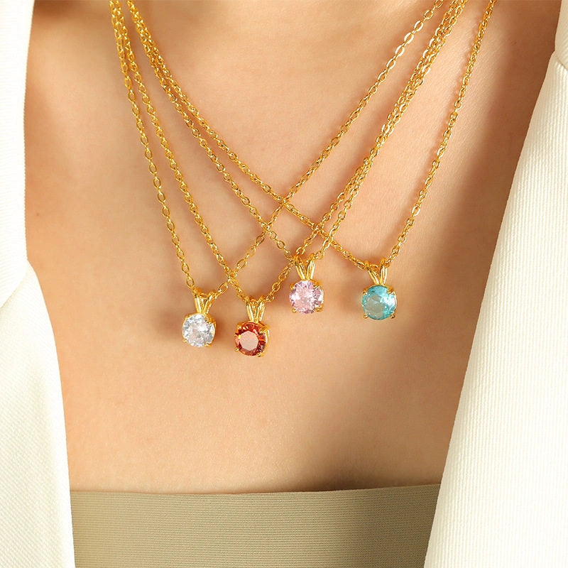 Colorful Birthstone Pendant Necklace | Dainty CZ Clavicle Chain | Perfect Birthday Gift for Women