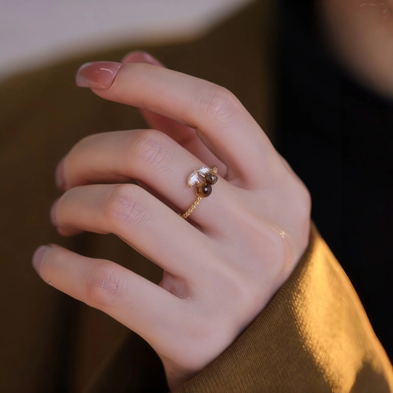 Bague Ouverte Fortune en Œil de Tigre Naturel et Cerise - Cadeau Porte-Bonheur pour Filles