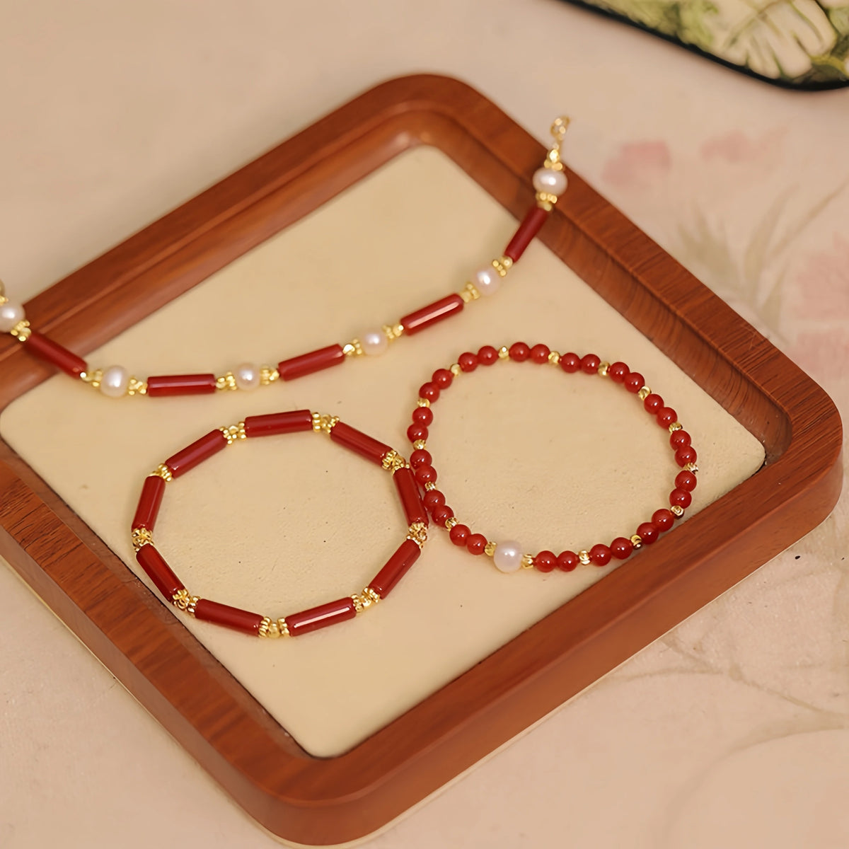 Red Agate & Pearl Stackable Bracelet with Bamboo Charm - Growth & Calm