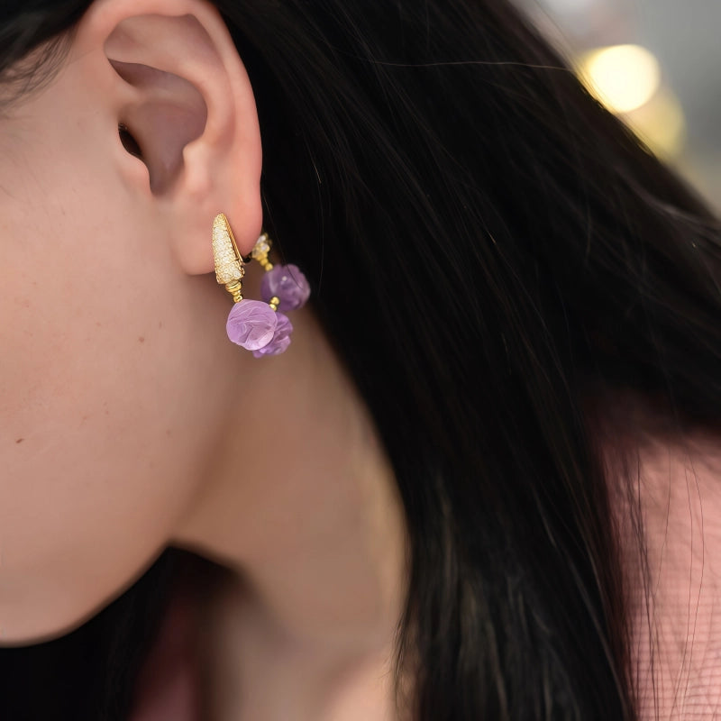 Natural Amethyst Earrings With Purple Rose Petals Earrings