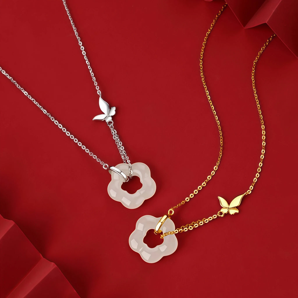 Butterfly Charm Hetian Jade Plum Blossom Necklace - Resilience & Safety