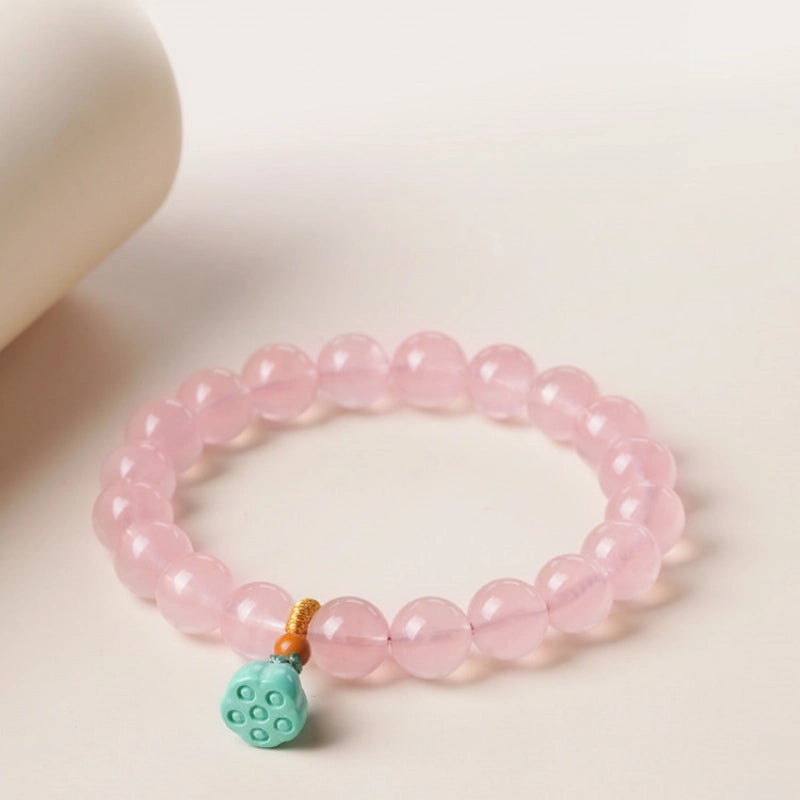 Natural Rose Quartz Lotus Pendant Bracelet - Draws Sweet Love
