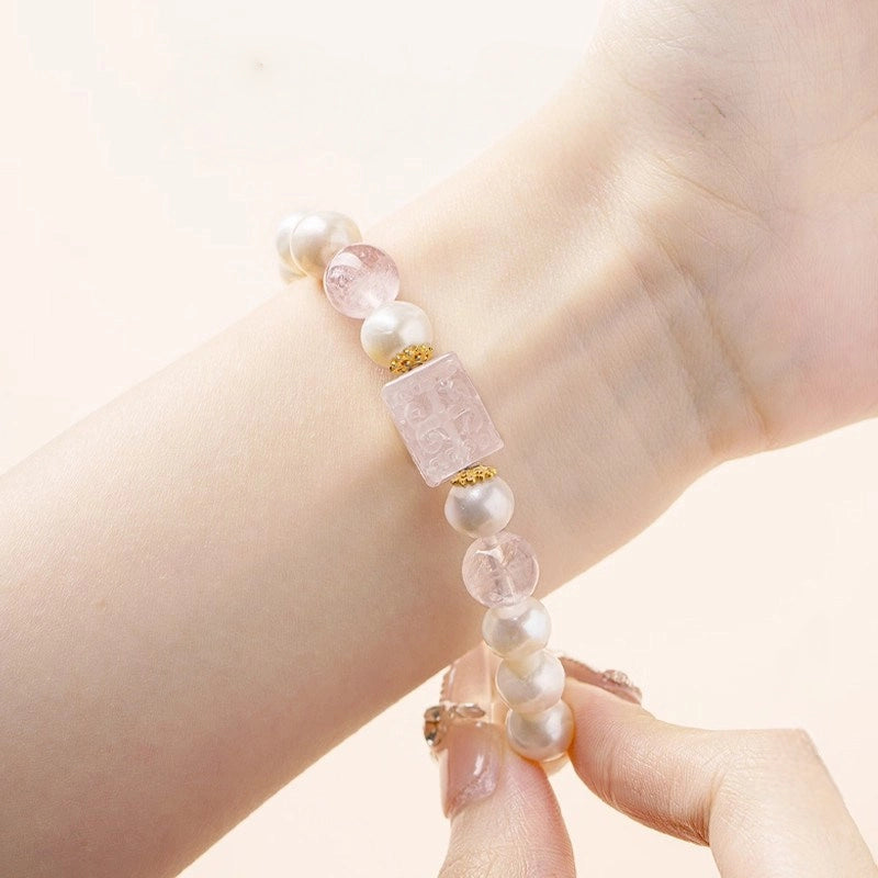 Freshwater Pearl Powder Crystal Bracelet — Rose Quartz Attracts Gentle Love