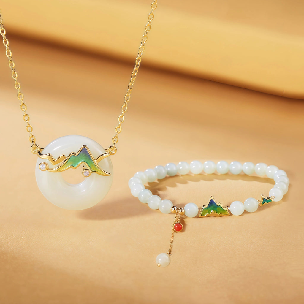 Vintage Oriental Hetian Jade Mountain Enamel Set - Protection & Peace