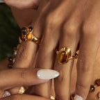 2pcs Set Gilded Four-Petal & Oval Tiger's Eye Ring - Talisman Attract Wealth, Boost Career & Repel Negative Energy
