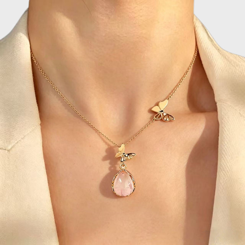 Butterfly Teardrop Rose Quartz Necklace - Attract Love & Gentle Energy