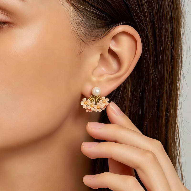 Boucles d'oreilles pendantes émaillées fleur d'éventail et perles, magnifiques boucles d'oreilles de luxe légères en fleur de cerisier