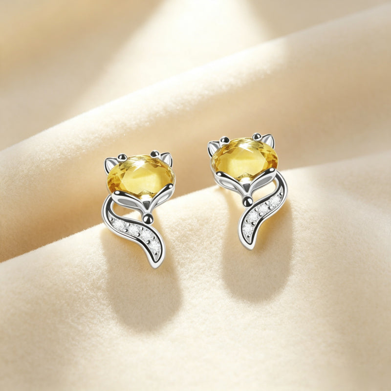 Natural Citrine Fox Stud Earrings - Banishes Financial Anxiety
