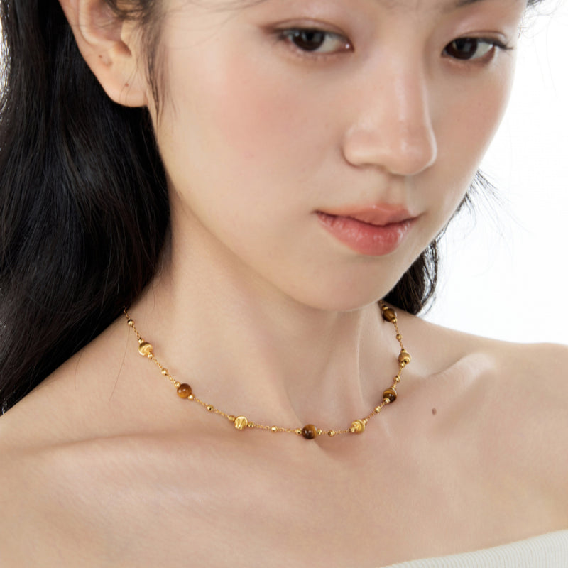 Natural Tiger Eye Stone Necklace, Maillard Starry Sky Choker Necklace