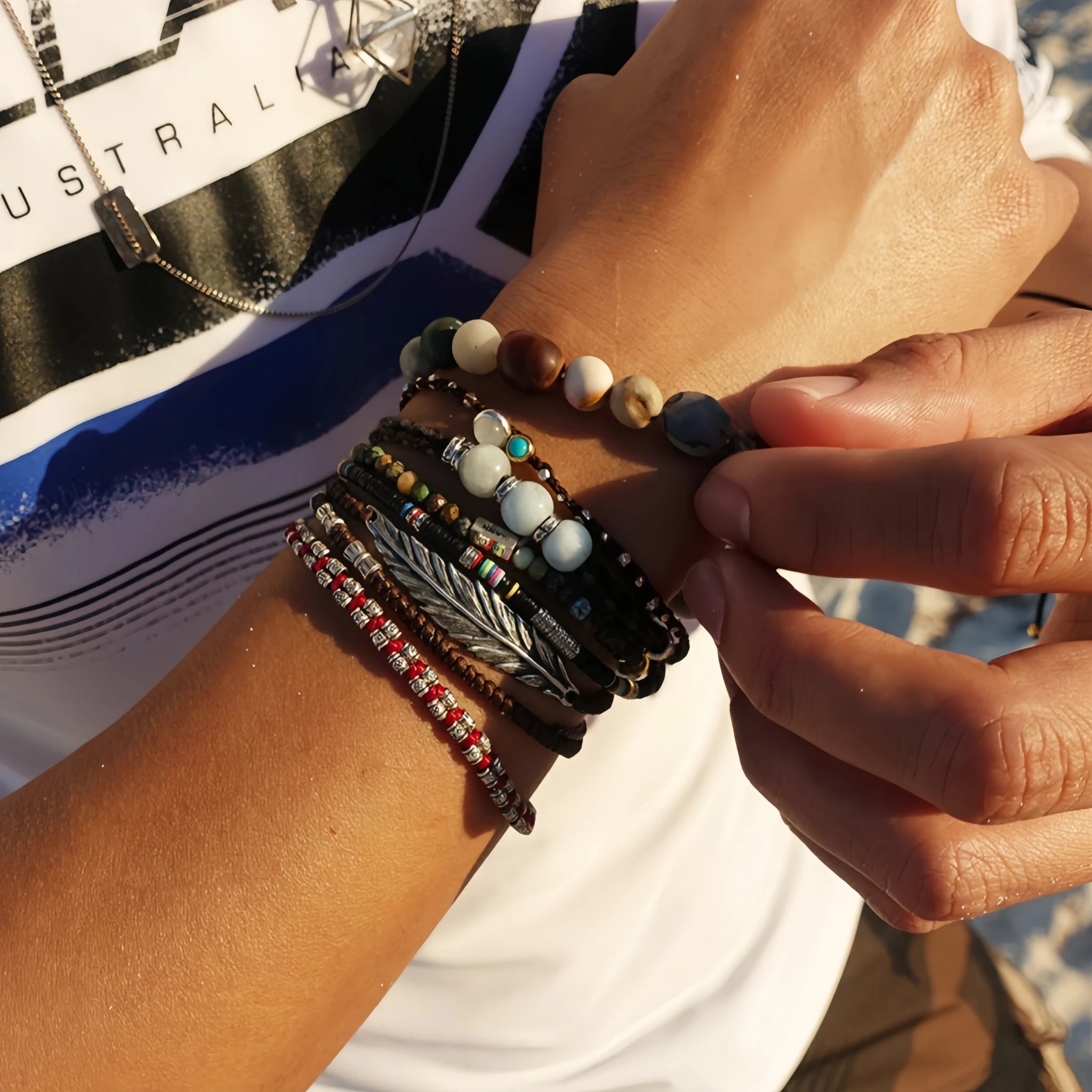 Natural Stone Abacus Bead Stackable Bracelet - Stone Abacus Beads