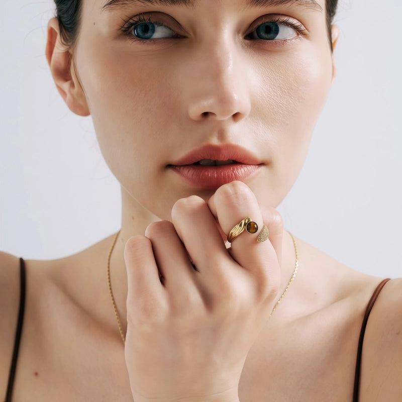 Natural Tiger Eye Ring, Light Luxury Zircon, Niche Design, Open Index Finger Ring