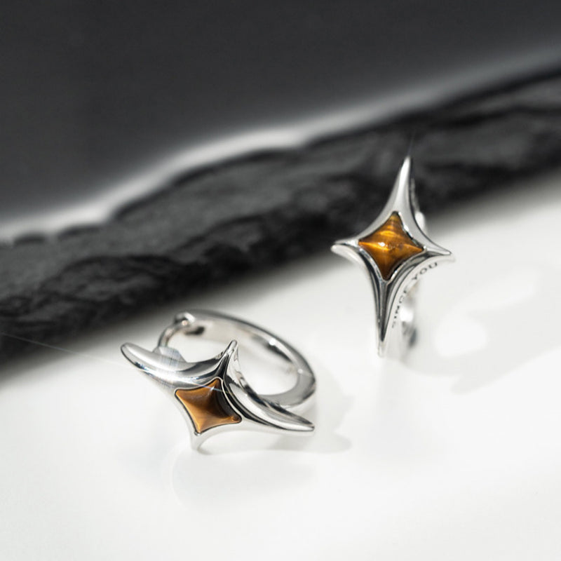 Unisex Tiger Eye Star Hoop Earrings — Minimalist Niche Crystal for Fortune & Good Luck