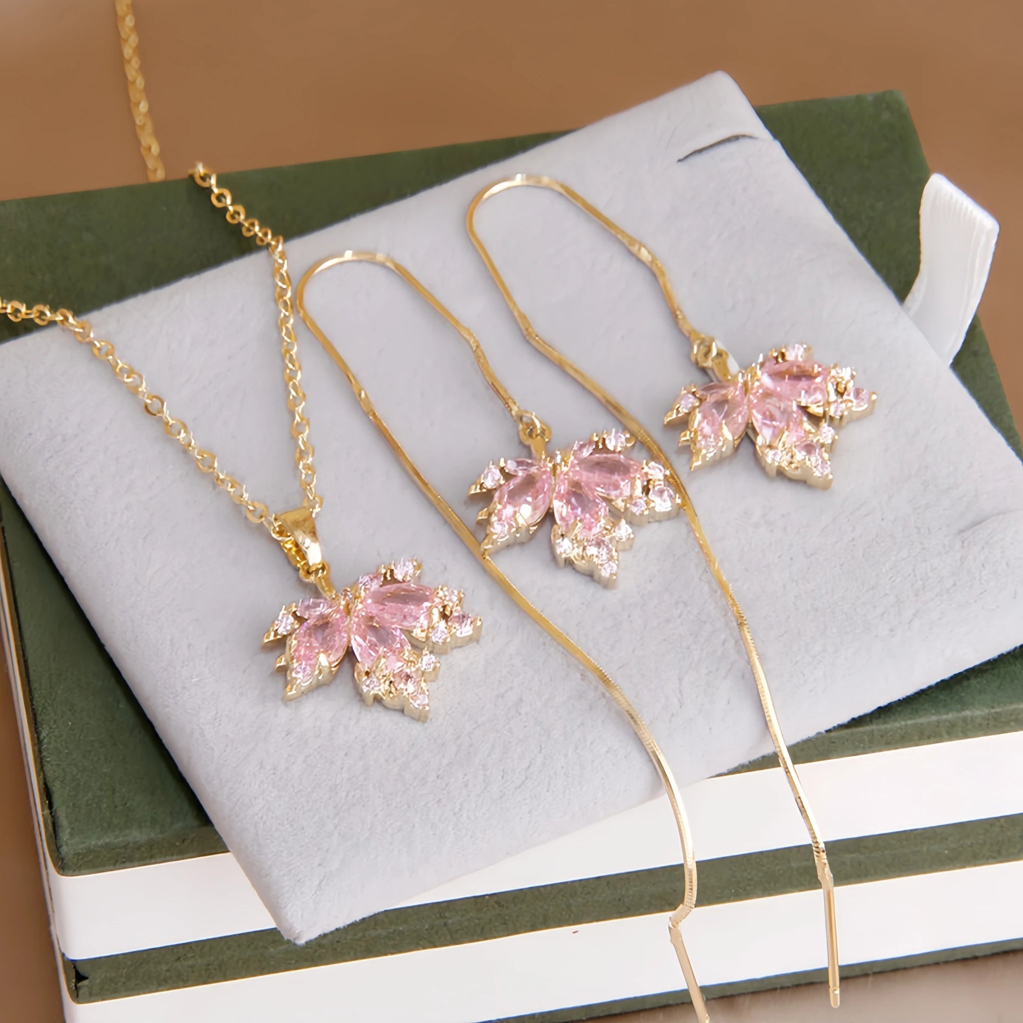 Rose Quartz Necklace Earrings Ring Jewelry Set - Embrace Self‑Love Energy