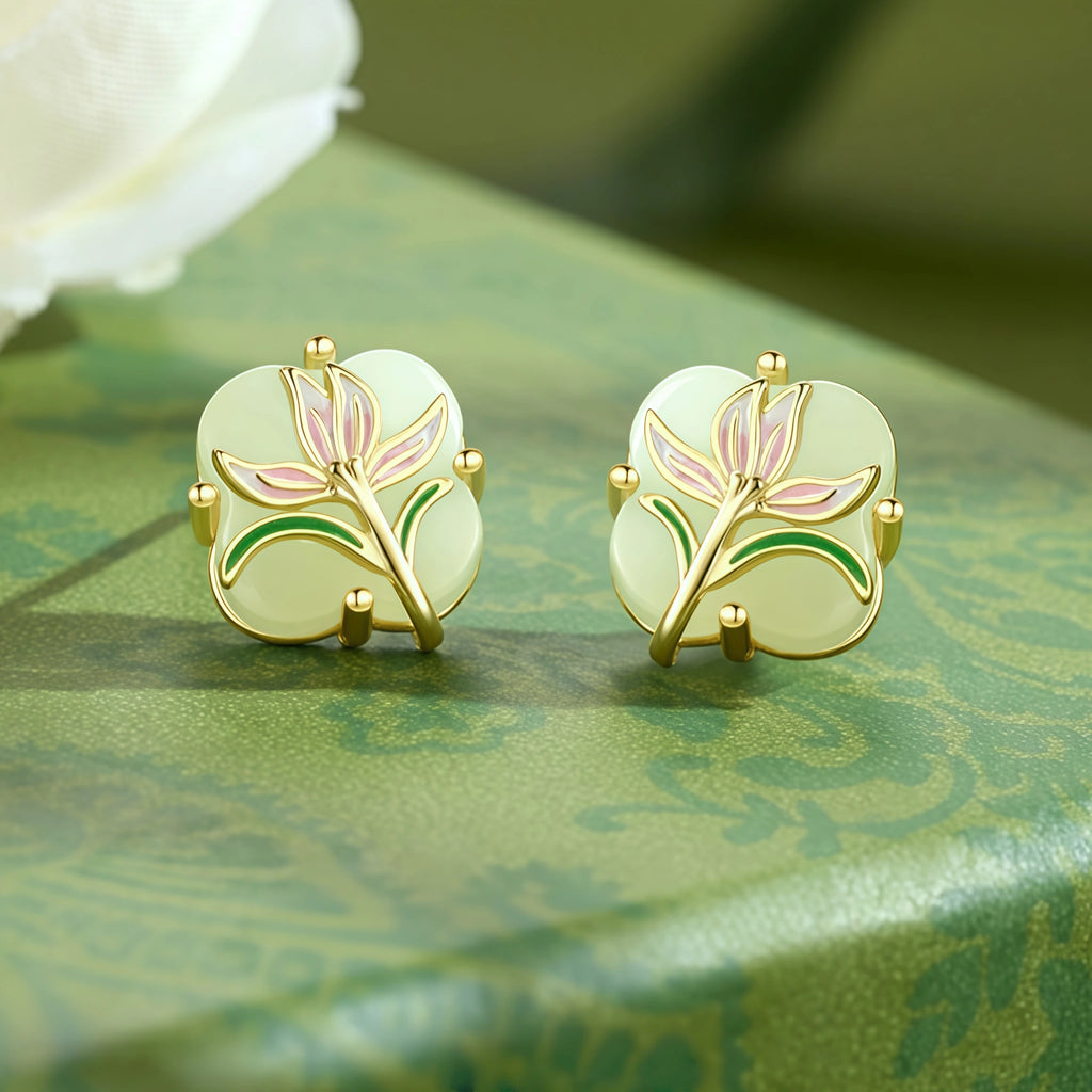 Oriental Clover‑Shaped Lotus Hetian Jade Matching Jewelry Set - Purify Mind