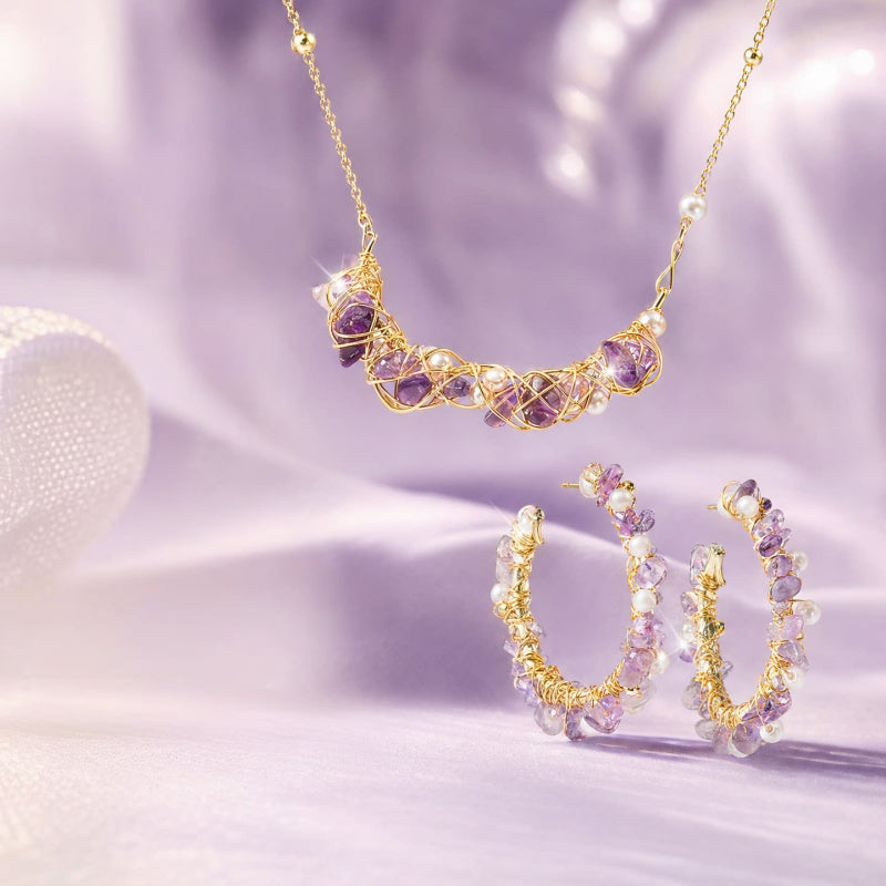 Natural Amethyst & Pearl Necklace/Earrings Jewelry Set - Gentle Emotional Healing